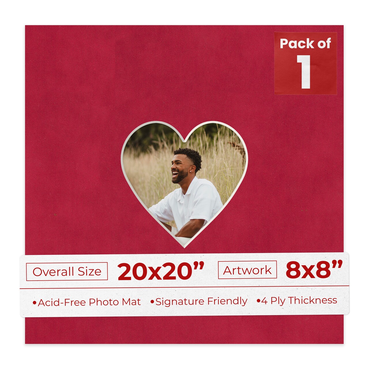 Red Suede Mat Board for 20x20 Frames - Heart Opening for 8x8 Photos